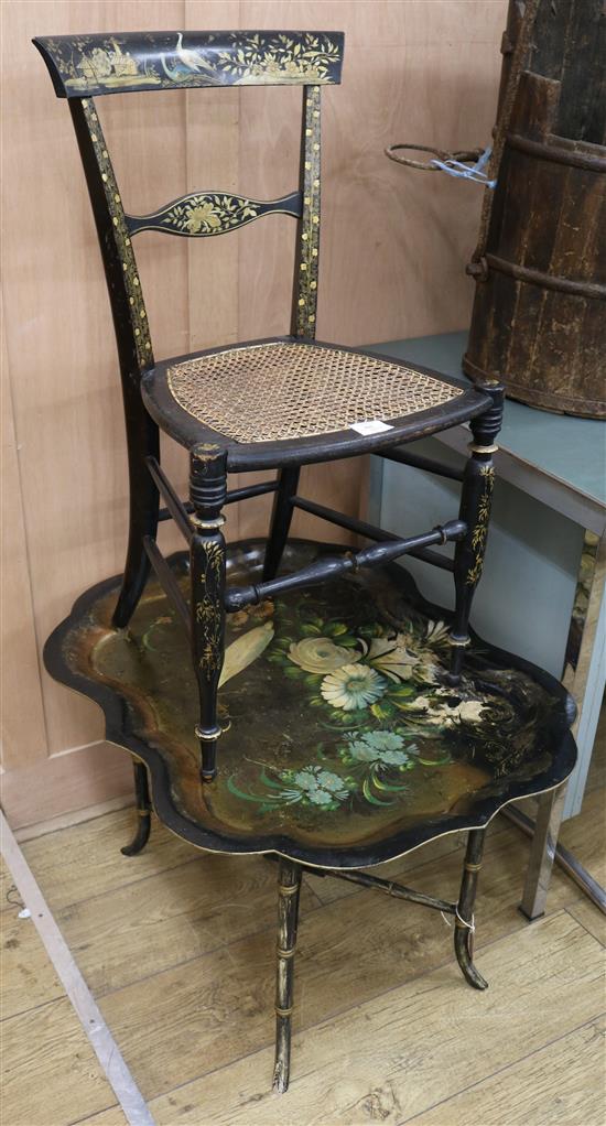 A painted toleware tray table and a chair W.77cm